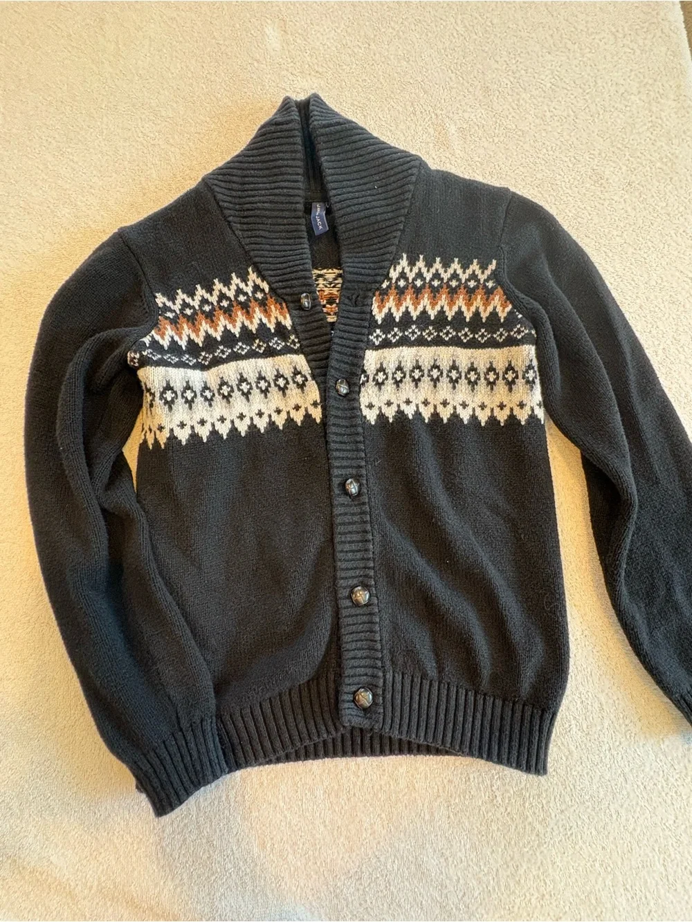 SOLD Janie and Jack Boys Black and Brown Fair Isle Shawl Collar Cardigan Size 8